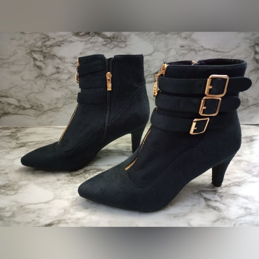 IDIFU Navy Blue Ankle Boots With Buckles Zip Closure Skinny Heel Size 10